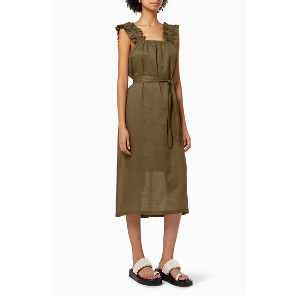 Frame Ruffle Strap Button Back Dress in Moss Size Small Khaki Green Ramie Chic - Picture 1 of 16